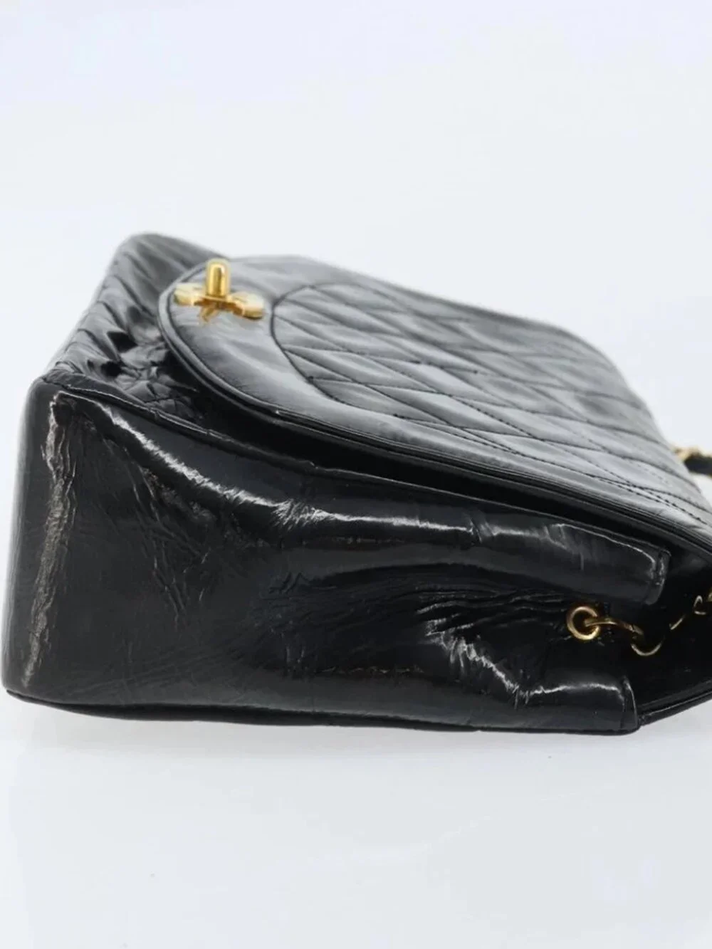CHANEL Diana 25 Matelasse Chain Bag Patent Leather Black Gold CC Auth bs34314